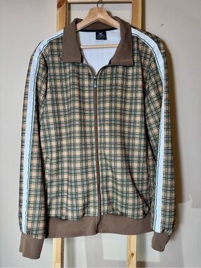 Jian Wang Retro Plaid Track Jacket Men's Green Brown Striped Full Zip Size XL